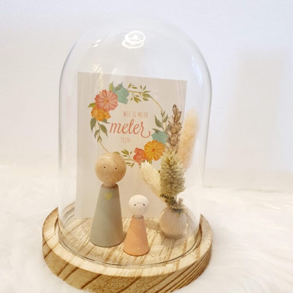 GLAZEN STOLP (10x15) met quote en houten parel met droogbloemetjes