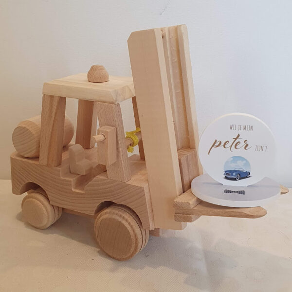 Houten heftruck "Wil je mijn peter zijn?"