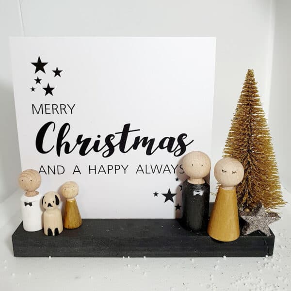 Houten plateau 5x20  met kerstkaart en gouden kerstboom