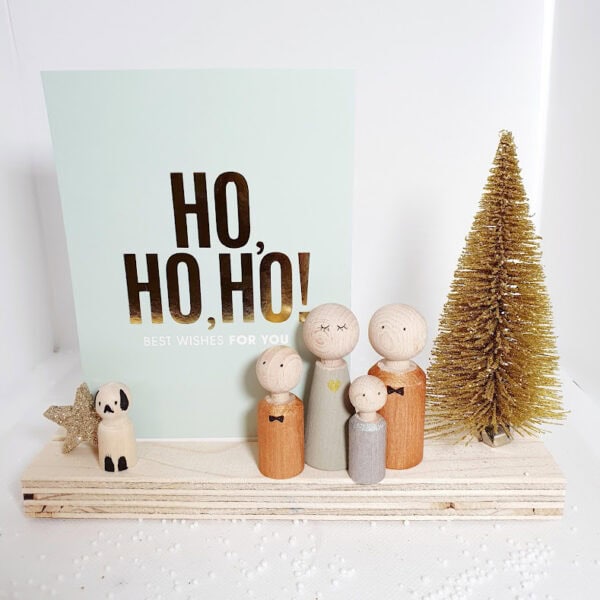 Houten plateau 5x20  met quote HO HO HO en gouden kerstboom