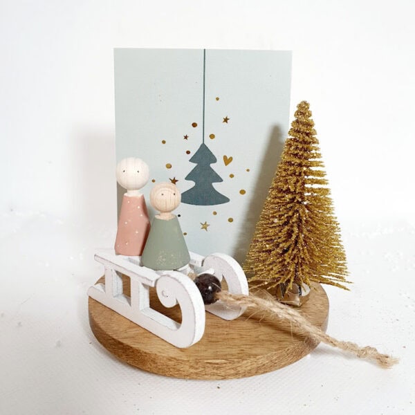 Ronde houten plateau (10 cm dia) - quote kerstboom - kleine gouden kerstboom en slee