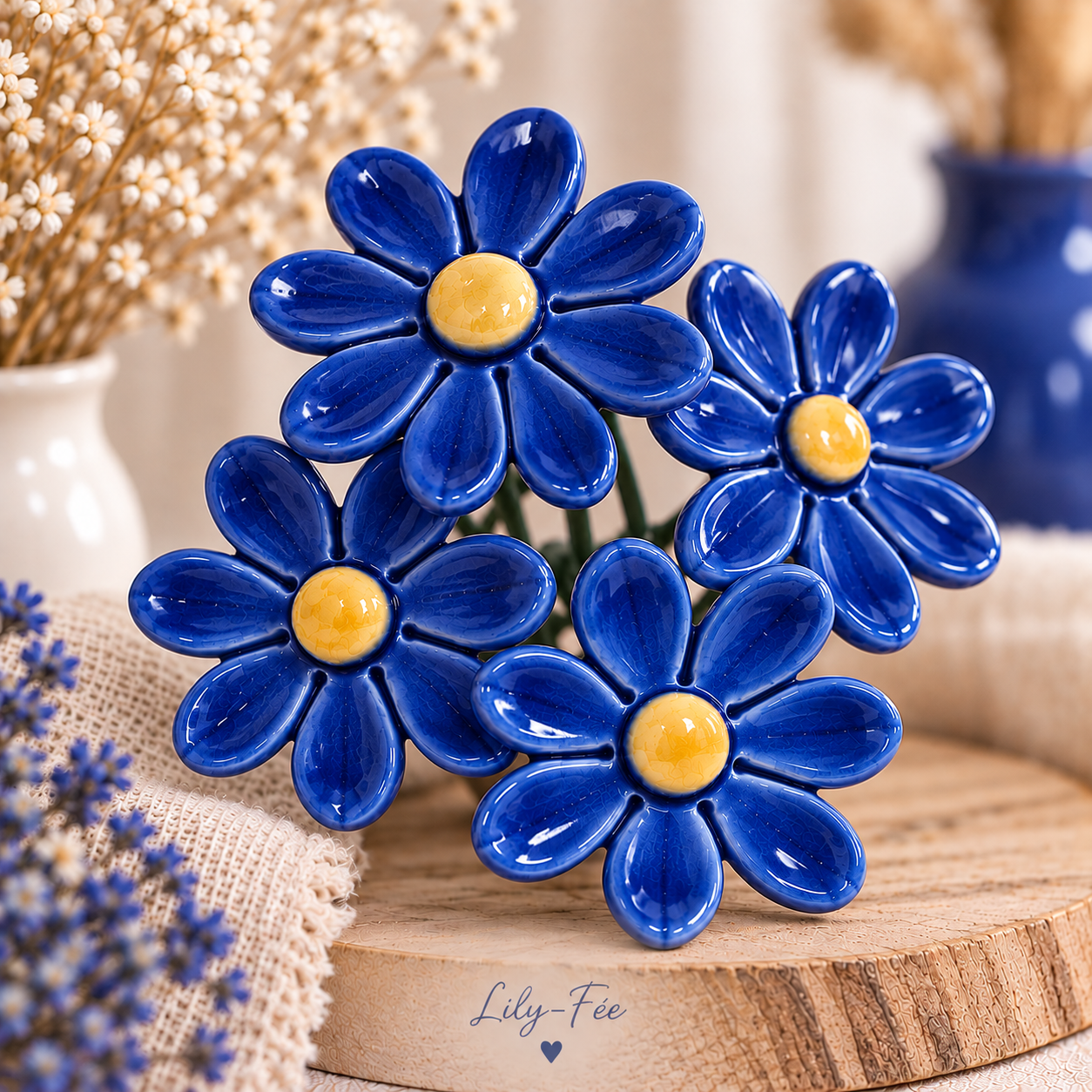 Bloem in keramiek - Madeliefje DONKERBLAUW op prikker