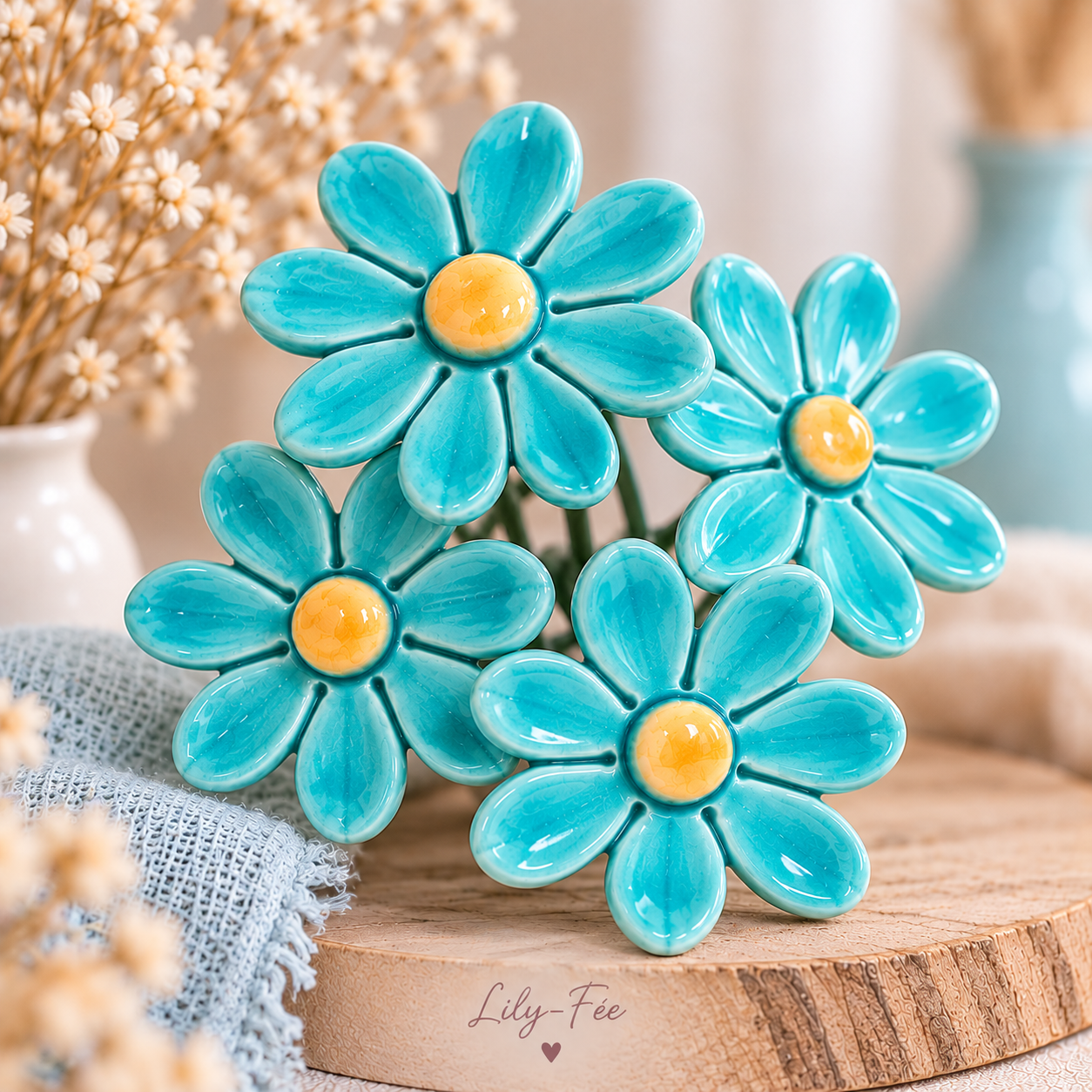 Bloem in keramiek - Madeliefje TURQOUISE-BLAUW op prikker